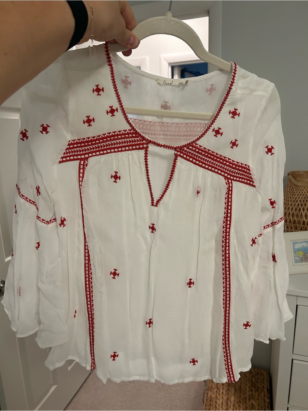 Floreat White Peasant Blouse with Red Embroidery